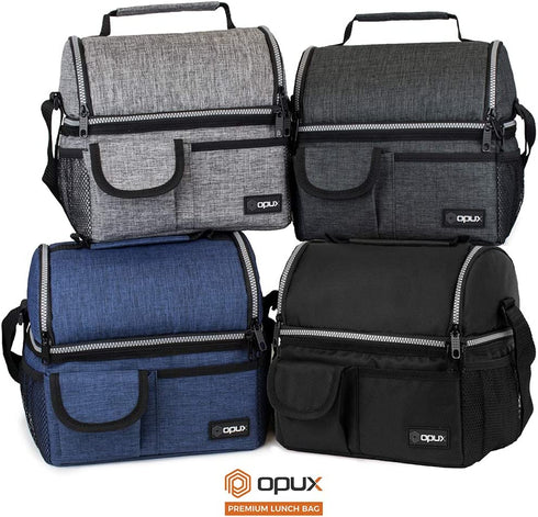 OPUX Insulated Dual Compartment Lunch Bag for Men, Women | Double Deck Reusable Lunch Pail Cooler Bag with Shoulder Strap, Soft Leakproof Liner | Large Lunch Box Tote for Work, School (Navy)