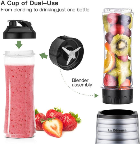 La Reveuse Smoothies Blender 300 Watt with 18 oz BPA Free Portable Travel Sports Bottle (Silver)