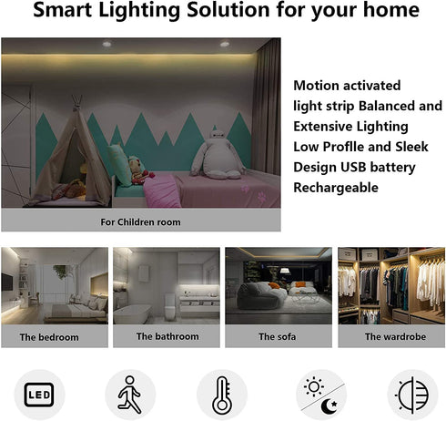 Motion Sensor LED Light Strip-KOLANDY Motion Sensor Light Indoor Closet Lights Motion Sensored Under Cabinet Lights Battery Powered Lights for Kitchen Counter, Stairs Motion Activated Led Light Strip