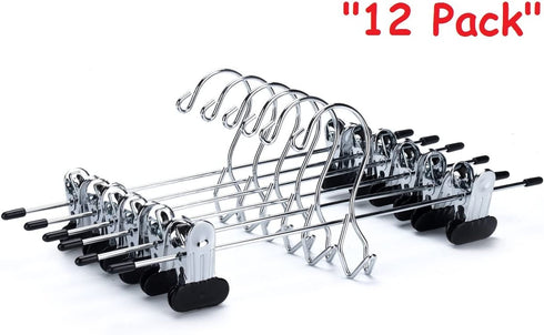 12 Quality Pants Hangers Heavy Duty Add-on Skirt/Slack Metal Hanger, Extra Wide Adjustable Clips, Multi Stackable Add on Hangers, Chrome, Jeans, Bottoms (12)