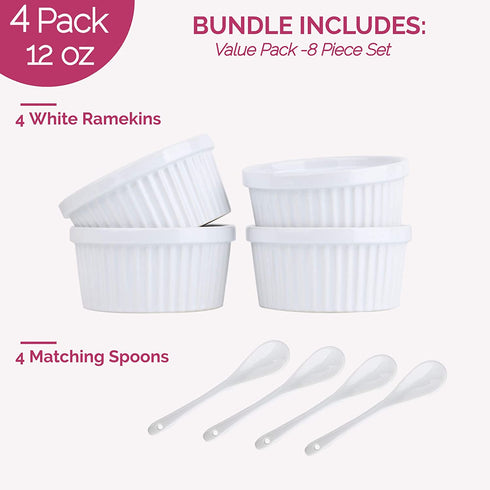 Souffle Dish Ramekins for Baking 12 Ounce (Set of 4, White with 4 Extra Spoons) 12 Oz Ceramic Oven Safe Round Fluted Ramekin Bowl for Desserts Soups Snacks Quiche Appetizers Casserole Creme Brulee