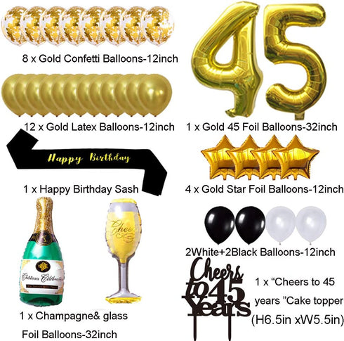 Gold 45th Birthday Decorations kit- Cheers To 45 Years Banner Balloons and Cake Topper, Happy Birthday Sash, Gold Tinsel Foil Fringe Curtains, for Birthday&Anniversary Decorations
