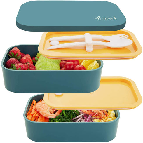 Japanese Bento Box - All-in-One Stackable Bento Lunch Box Container - Leakproof Eco-Friendly Meal Prep Containers for Men Women, Microwave and Dishwasher Safe,Easy Wash (Blue)