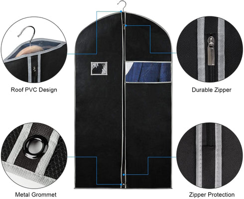 Syeeiex 40-Inch Suit Bag Garment Bags for Hanging Clothes (Set of 5) Mens Suit Covers, Suit Bags for Closet Storage with Clear Window for Men, Suits, Coats, Black & Grey