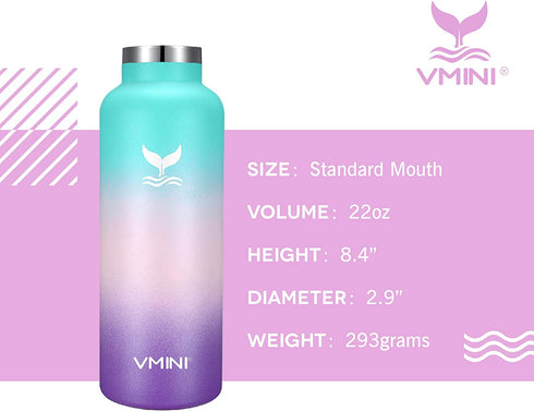 Vmini Water Bottle - Standard Mouth Stainless Steel & Vacuum Insulated Bottle, New Straw Lid with Wide Handle, Gradient Mint+Pink+Purple & 22 oz