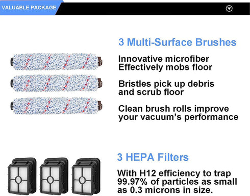 LesinaVac Replacement parts Brush Roll and 1866 Vacuum Filters Compatible with Bissell Crosswave Pro 2306 1785 Series Vacuum Cleaner,3 Pack Multi-Surface 1868 Brush Roll + 3 Pack 1866 Vacuum Filter Replacement Kit