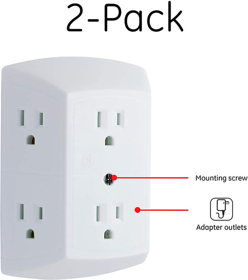GE 6-Outlet Extender, 2 Pack, Grounded Wall Tap, Adapter Spaced Outlets, 3-Prong, Quick and Easy Install, UL Listed, White, 40222
