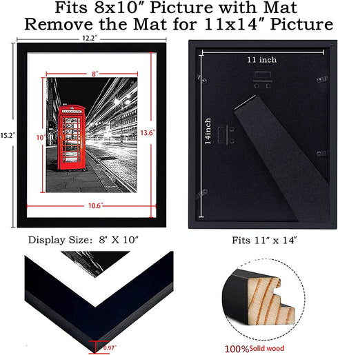 Decort 11x14 Picture Frame Set of 4 - Made to Display Pictures 8x10 with Mat or 11x14 Without Mat - Wide Molding - Pre-Installed Wall Mounting Hardware, Black