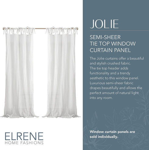 Elrene Home Fashions Jolie Crushed Semi-Sheer Window Curtain, Adjustable Tie-Top Single Panel, 52" x 95" (1 Panel), White