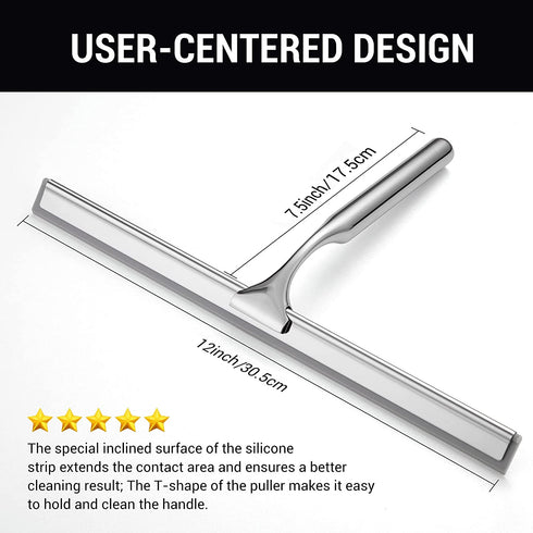 Squeegee for Shower Glass Door, 12-Inch All-Purpose Shower Squeegee for Bathroom, Car Window and Tiles with Adhesive Holder & 1 Replacement Squeegee Blade, Stainless Steel