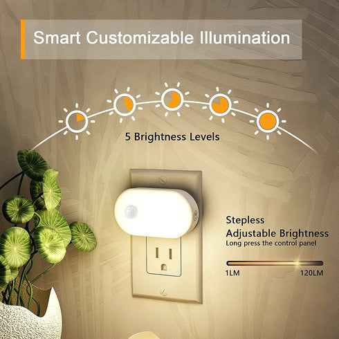 Motion Sensor Night Light Plug in, LYRIDZ Superior Bright 1-120LM Smart Nightlight Warm White LED Light with Stepless Adjustable Brightness for Bedroom, Kitchen, Stairs, Hallway, 4 Pack