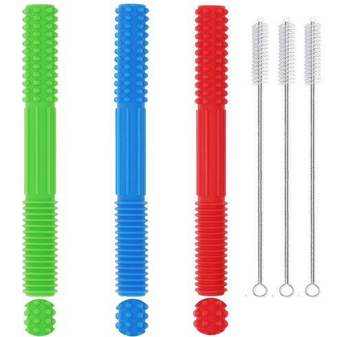 3 Pack Sensory Teething Tubes Soft Silicone Teether Toy for Babies with Autism,Biting,Chewing,Oral Motor Needs,Chew Stick for Infant Toddlers Kids