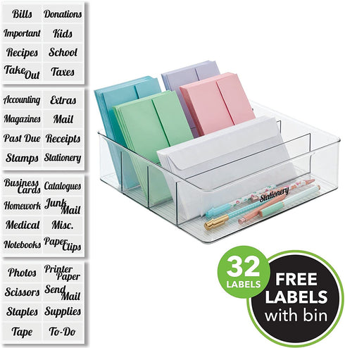 mDesign Plastic Divided Drawer Organizer Storage Bin for Home Office, Desk Drawer, Shelf, Cabinet - 4 Compartments, 12" Long + 32 Adhesive Labels - Clear