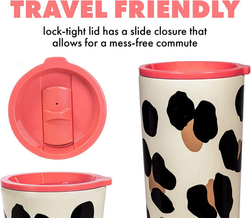 Kate Spade New York Insulated Stainless Steel Tumbler, Leopard Print 24 Ounce Double Wall Travel Cup with Lid, Forest Feline