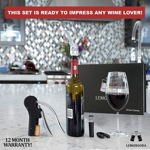 LEMONSODA Screwpull Lever Wine Bottle Opener Set - Corkscrew Wine Opener, Foil Cutter, Wine Pourer, Vacuum Wine Stopper, Extra Spiral - Cool Metal Cork Remover and Wine Tools for Easy Bottle Opening