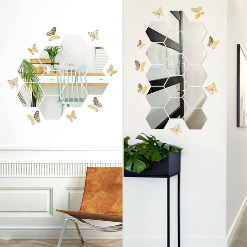 30pcs Removable Large Size Acrylic Hexagon Mirror Wall Stickers,Self-Adhesive Tiles, 3D Hexagonal, Non-Glass, add 3D gold Butterfly Stickers Decals 12pc for Home Bedroom Living Room reunion Decor(6.88 x 6.02 x 3.54 inchs?