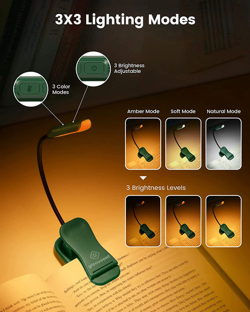 Glocusent Lightweight Rechargeable 10 LED Amber Book Light for Reading in Bed, Clip-on EyeCare Warm Reading Light up to 80Hrs, 3 Brightness Dimmable X 3 Color Modes, Perfect for Readers & Kids