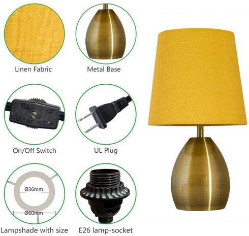 Tootoo Star 13 Inch Small Bedside Table Lamp for Bedroom Living Room Nightstand, Metal Base (Yellow Shade, Brass Base)