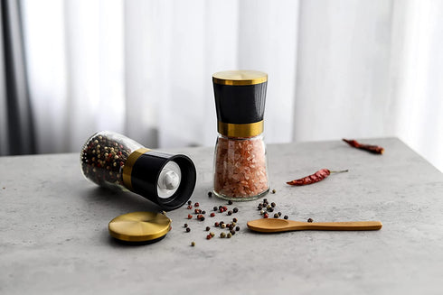 Gold Salt and Pepper Grinder Set Stainless steel Salt and Pepper Shaker Set Gold Ceramic Adjustable Coarseness Spice Grinder Black Peppercorn Sea Salt Mill Home Kitchen Gift
