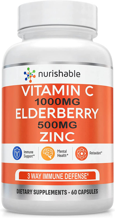 Elderberry with Zinc and Vitamin C For Adults - Vitamin C 1000mg Capsules with Zinc 50mg & Elderberry for Immune Support & Antioxidant Protection - Easy To Swallow, Non-GMO - 60 Veggie Capsules