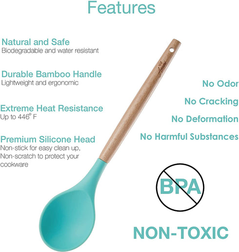 Silicone Kitchen Cooking Utensils Set with Wooden Bamboo Handles (11 Piece) | BONUS Cup | Durable Cookware Tools | BPA-Free, Non-Stick Safe, Non-Toxic | Include Tongs, Spatula, Turner, Ladle and More
