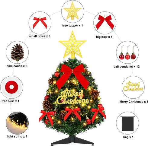 MCEAST Mini Green Christmas Tree Set 24 Inch Artificial Tabletop Xmas Tree Decorations with Tree Skirt, Red Bows, Pendants, Alphabetic String, Ornaments and Base for Home Holiday Christmas Decor, DIY