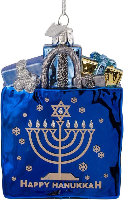 Kurt Adler 4" Noble Gems Happy Hanukkah Glass Gift Bag Ornament (NB1126)