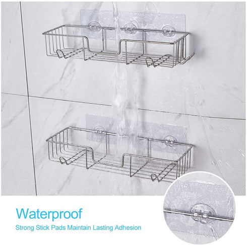AmazerBath Adhesive Shower Caddy Basket Rack with Hooks, Shower Shelf Wall Mounted, No Drilling Shower Organizer for Bathroom, Rustproof Stainless Steel , 2 Pack, Chrome