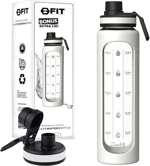 32 oz Glass Water Bottle with Time Marker - EXTRA LID, Reusable, Wide Mouth, Leakproof, 1 Liter Glass Drinking Bottle, Insulated Water Bottle with Silicone Sleeve, Motivational Water Bottle, Waterbottle With Hydrating Reminder (White Sleeve)