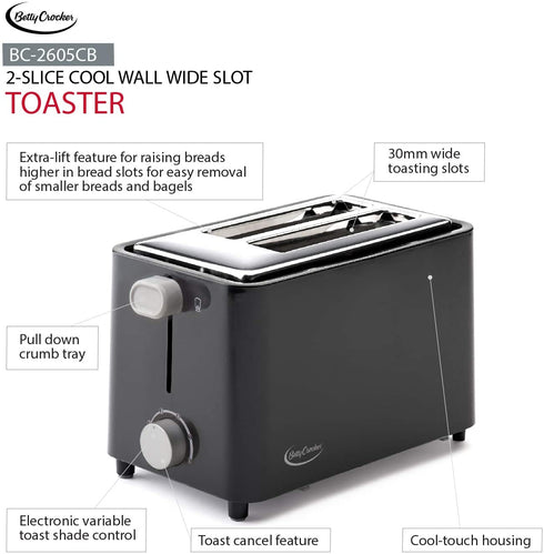 Betty Crocker 2-Slice Cool Wall Toaster, Black, BC-2605CB