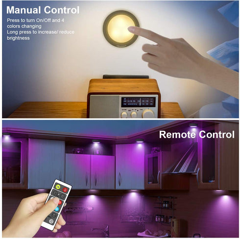 HOLKPOILOT Puck Lights with Remote , LED Color Changing Lights, Under Counter Light Battery Operated, Under Cabinet Lighting, Dimmable Closet Light, Stick On Puck Lights?4PACK?