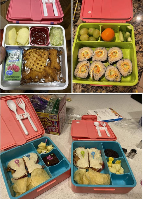 LOOK BACK Bento Lunch Boxes for Kids, 4-Compartment 1.2L Leak-Proof Lunch Container for Child with Sauce Jar, Fork and Spoon, DIY Stickers, BPA-Free Toddlers Food Container Microwave Dishwasher Safe