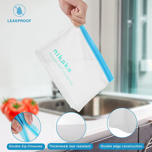 Nikaka Reusable Food Storage Bags 10 Pack, FDA Grade Stand Up Reusable Freezer Bags (3 Reusable Sandwich Bags, 4 Reusable Snack Bags, 3 Reusable Big Bags), Leakproof, Eco-friendly