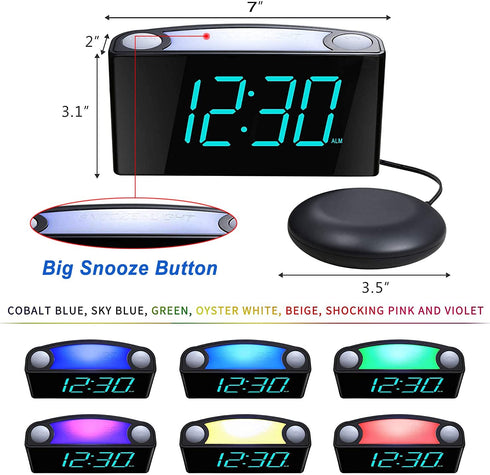 Extra Loud Alarm Clock with Bed Shaker, Vibrating Alarm Clock for Heavy Sleepers Deaf Hearing Impaired, 7" Large Display, Dual USB Charger, 7 Color Night Light, Dimmer, Snooze & Battery Backup