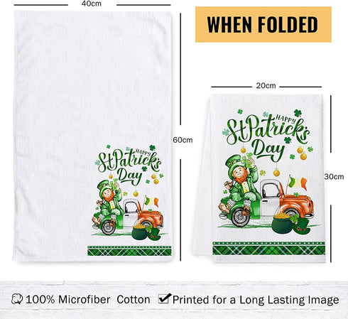 St Patricks Day Kitchen Towels and Dishcloths Set of 4, Happy St. Patrick's Day Dish Towels, Leprechaun Gnomes Irish Green Truck Hat Shamrocks Tea Hand Towels Housewarming Gifts for Home Decorations