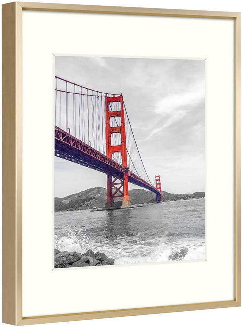 Frametory, 11x14 Aluminum Photo Frame with Ivory Color Mat for 8x10 Picture & Real Glass, Metal Picture Frame Collection (Gold, 1-Pack)