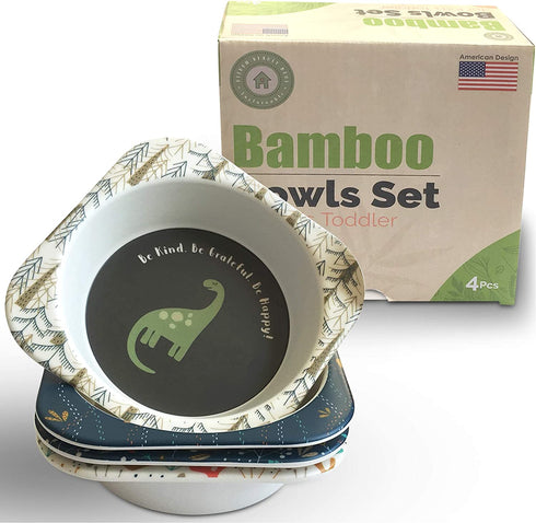 Bamboo Bowls for Kids, Super Cute - Easy to Clean - Eco Friendly Kids Bowls, Non Toxic - BPA Free - Dishwasher Safe Bamboo Bowl, Perfect Size Toddler Bowls, 14 Oz, 4 Pack