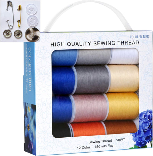 Total 1800yds SewingThread 12 Pcs Thread Spool,150Yds Each witn Buttons Sets for Sewing, Single Needle,Machine Embroidery