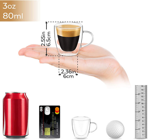 DLux Espresso Coffee Cups 3oz, Double Wall, Clear Glass set of 4 Glasses with Handles, Insulated Borosilicate Glassware Tea Cup