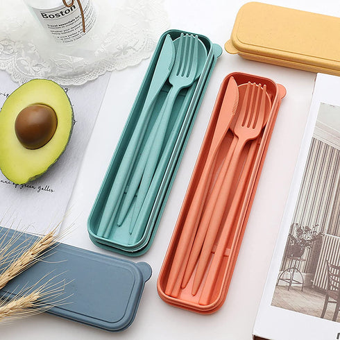 4 Sets Wheat Straw Cutlery, Portable Cutlery Set, Reusable Travel Flatware Set, for Lunch Boxes Workplace Camping School Picnic or Daily Use (Green, yellow, orange, blue)