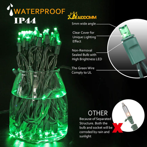 50ft 100 Count Green LED Christmas Lights Outdoor Indoor, Commercial Grade Green Wire, 5mm Wide Angle St. Patrick's Day Light Halloween Mini String Lights Outdoor Waterproof for Tree, Garland, UL