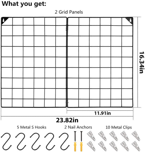 MOOACE Wall Grid Panel 2 Pack, Black Wire Photos Display Grid Panels, Memo Board DIY Decor Hanging Organizer for Home, Office, 16.34" x 23.82"