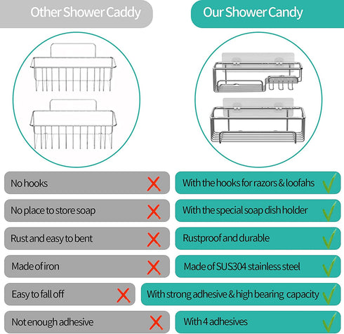 Cvtayn 2 Packs Shower Caddy with Soap Dish & Hooks, SUS304 Stainless Steel Bathroom Storage Shelves, No Drilling Shower Wall Shelves with 4 Stronger Adhesive for College Bathroom Kitchen Living Room