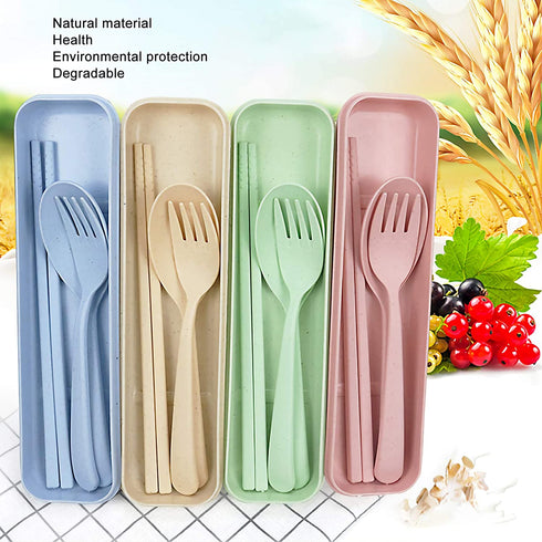 Lnrkai Travel Utensil Set with Case, 4 Sets Wheat Straw Reusable Spoon Chopstick Forks Tableware, Eco Friendly Non-Toxin BPA Free Portable Cutlery for Kids Adult Travel Picnic Camping or Daily Use