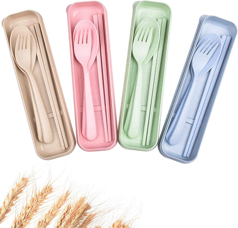 Lnrkai Travel Utensil Set with Case, 4 Sets Wheat Straw Reusable Spoon Chopstick Forks Tableware, Eco Friendly Non-Toxin BPA Free Portable Cutlery for Kids Adult Travel Picnic Camping or Daily Use