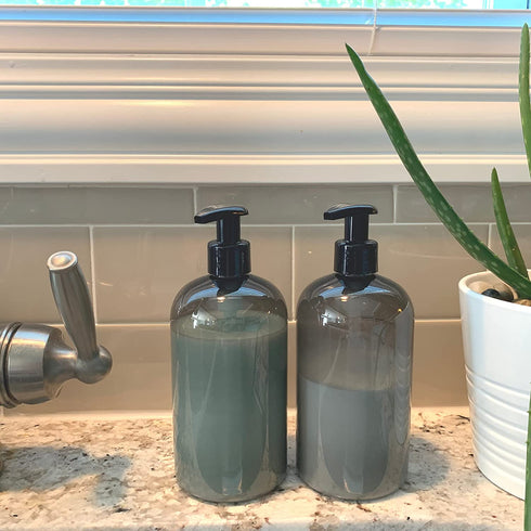 Bottiful Home-16 oz Empty PET Plastic Refillable Bottles-Set of 4-with Lotion Pumps for Shampoo, Conditioner, Body Wash, Hand Soap, Dish Soap, Lotion, Cleanser-Drip Free, Rust-Free (Gray)