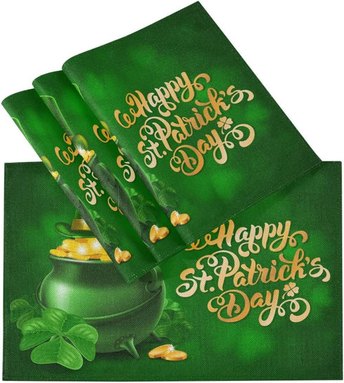 Wamika St Patricks Day Clover Placemats Set of 4 Gold Coins Pot Shamrock Table Mats Burlap Placemat Washable Non-Slip Heat Resistant Place Mats for Party Kitchen Dining Decorations 12 X 18 in