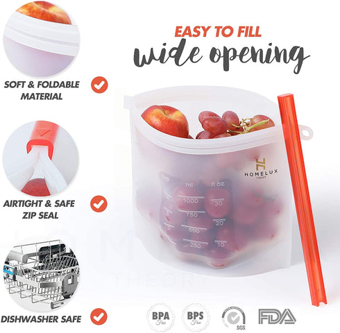 Homelux Theory Reusable Silicone Food Storage Bags | LEAKPROOF, AIRTIGHT | 100% Food Grade Silicone | Keep fruit, snacks, veggie, sandwich fresh | travel picnic lunch (2 Large + 2 Medium + 2 Small)