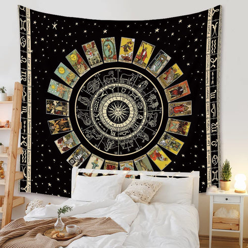 Sun Constellation and Star Tarot Card Tapestry - Bohemian Astrology Tapestries Zodiac Wall Hanging for Home Bedroom Aesthetic Wall Art Decor Black Tapestry