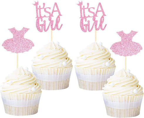 Ercadio 24 Pack It's a Girl Cupcake Toppers Pink Glitter Dress Cupcake Picks Baby Shower Gender Reveal Girls Birthday Party Cake Decorations Supplies